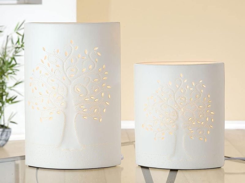 GILDE Lampe Tischlampe Dekolampe Lebensbaum - aus Porzellan mit Lochmuster im Prickellook H 20 cm
