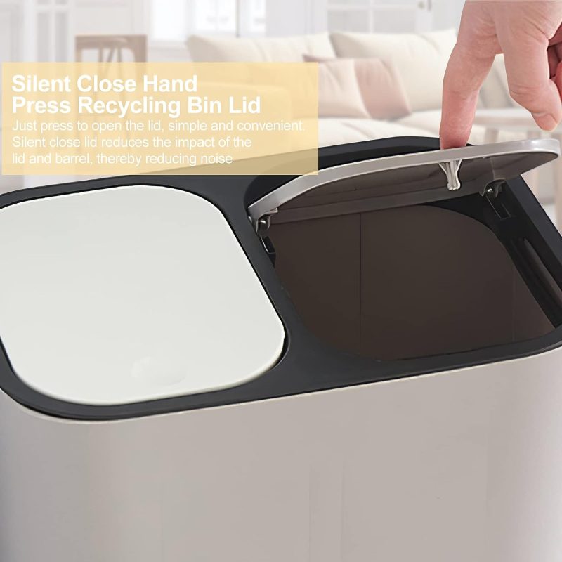 Recycling Mülleimer, Trennung von trockenem und nassem Abfall, Kunststoff-Mülleimer mit zwei 12-Liter-Fächern für Küchenrecycling und Abfall, Mülleimer mit Druckknopf für Küche, Zuhause, Büro (Weiß)