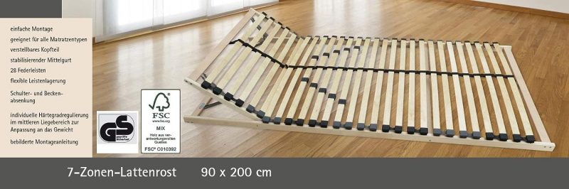 anTes interieur Lattenrost 90 x 200 cm / 7 Zonen Komfort / 5-Fach Verstellbarer Härtegrad/bewegliches Kopfteil / 28 Federleisten/geeignet für alle Matratzen