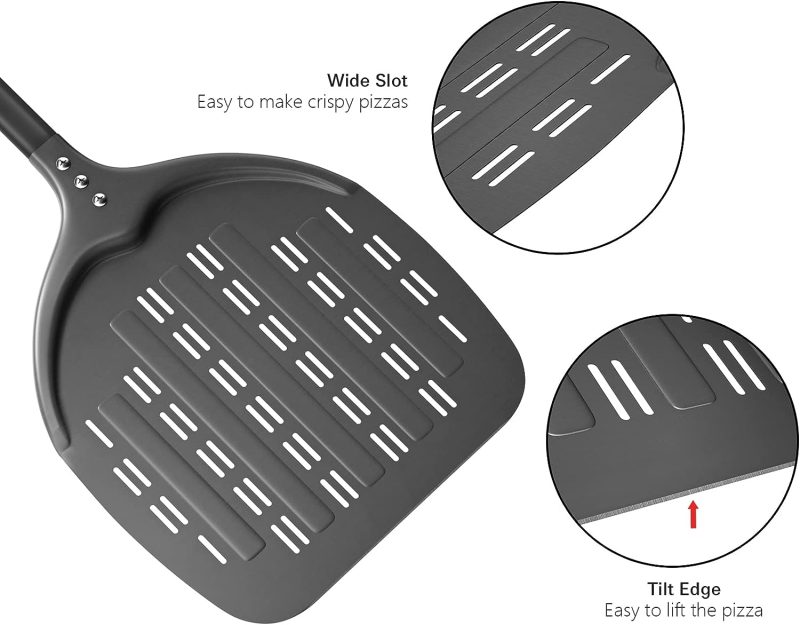 G.a HOMEFAVOR Perforierter Pizzaschieber, Pizzaschaufel aus Hart Eloxiertes Aluminium Rechteckige Professionelles Pizzaschaufel mit verlängertem Silikongriff,12 Zoll