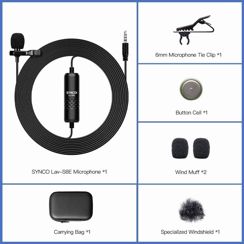 SYNCO Lav-S6E Lavalier-Mikrofon, für Revers/Krawatte, omnidirektionaler Kondensator, 6 m, Clip-Mikrofon, kompatibel mit DSLR-Spiegelreflexkamera, Mobiltelefon, Laptop, PC