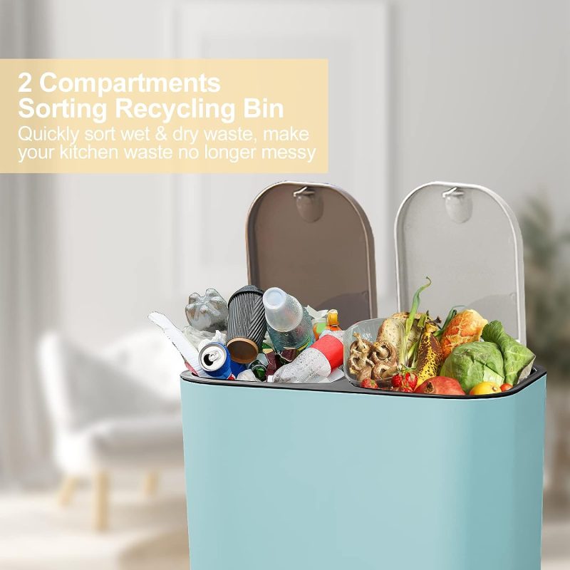 Recycling-Mülleimer, Trennung von trockenem und nassem Abfall, Kunststoff-Mülleimer mit zwei 12-Liter-Fächern für Küchenrecycling und Abfall, Mülleimer mit Druckknopf für Küche, Zuhause, Büro (Blau)