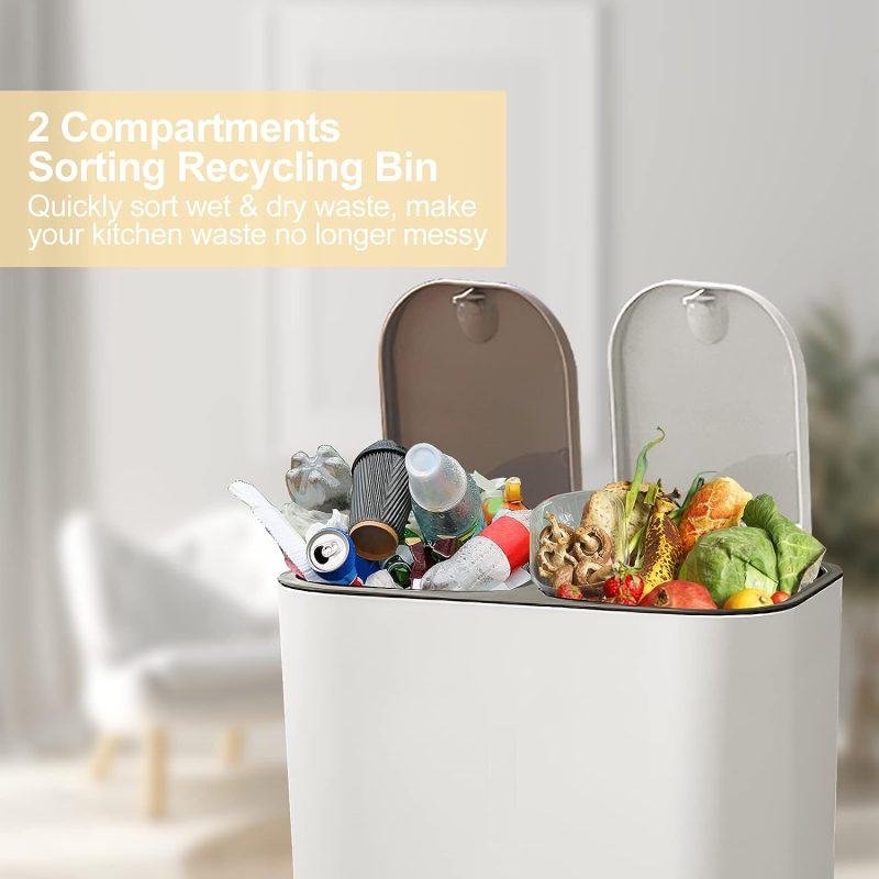 Recycling Mülleimer, Trennung von trockenem und nassem Abfall, Kunststoff-Mülleimer mit zwei 12-Liter-Fächern für Küchenrecycling und Abfall, Mülleimer mit Druckknopf für Küche, Zuhause, Büro (Weiß)