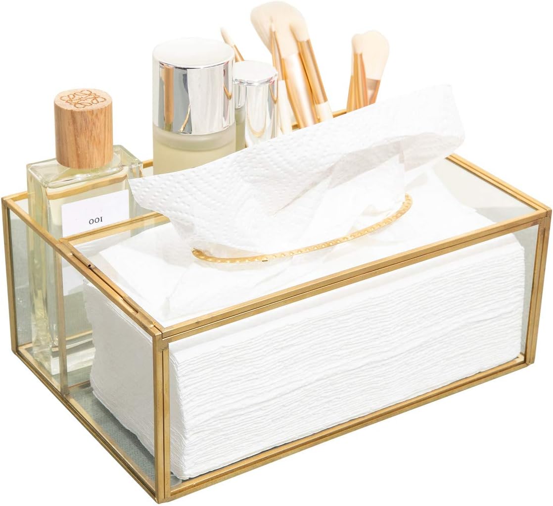 SLHEQING Make up Organizer Beauty Organizer Tray Schmuck Pinselhalter Gold, Glas Kosmetikbox, Klar Dekoratives Tablett