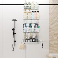 Duschablage zum Hängen Duschregal ohne Bohren Badregal mit 4 Ebenen Badezimmer Regal Duschkorb zum Einhängen über die Duschtür mit Seifenschale für Badezimmer Aufbewahrung, Weiß