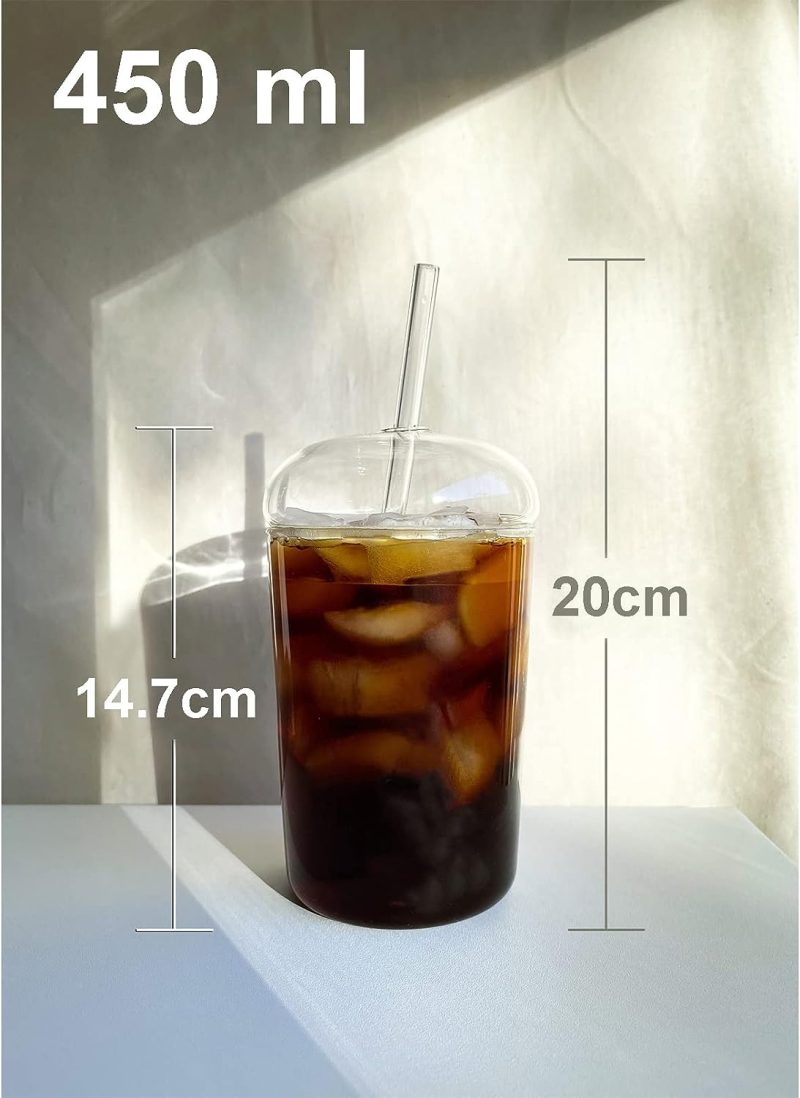 Cutfouwe Eiskaffee Gläser mit Glas Deckel und Glas Strohhalm 450 ML， Wiederverwendbar Becher，Transparent Trinkbecher für Kaltes Getränk,Clear