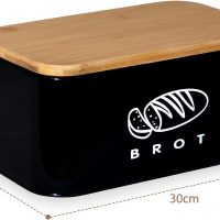 Theo&Cleo Brotkästen mit Deckel, Deckel aus Ökologisches Bambus, Kann als Schneidebrett, Geräumiger Retro Brotkasten aus Metall, Brot Lange Aufbewahren und Frisch Halten 30cm * 18cm * 14cm Schwarz