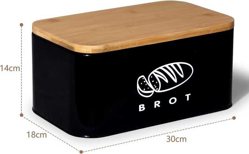 Theo&Cleo Brotkästen mit Deckel, Deckel aus Ökologisches Bambus, Kann als Schneidebrett, Geräumiger Retro Brotkasten aus Metall, Brot Lange Aufbewahren und Frisch Halten 30cm * 18cm * 14cm Schwarz