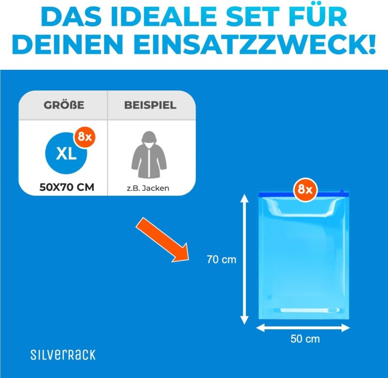 SilverRack Vakuumbeutel Set Reise [8 Stück] in Größe (50x70 cm) - Travel Vakuumbeutel für Kleidung zum Rollen - Vakuum Kleiderbeutel - Kleider Vakuumierbeutel als Backpacker Vacuum Bags