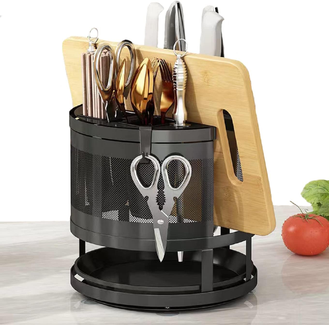 NILICAN Messerhalter für Küchentheke, drehbarer Universal-Messerblock ohne Messer 3-in-1Multifunktions Messerblock Set Besteck-Utensilien Trockengestell Schneidebrett-Organizer