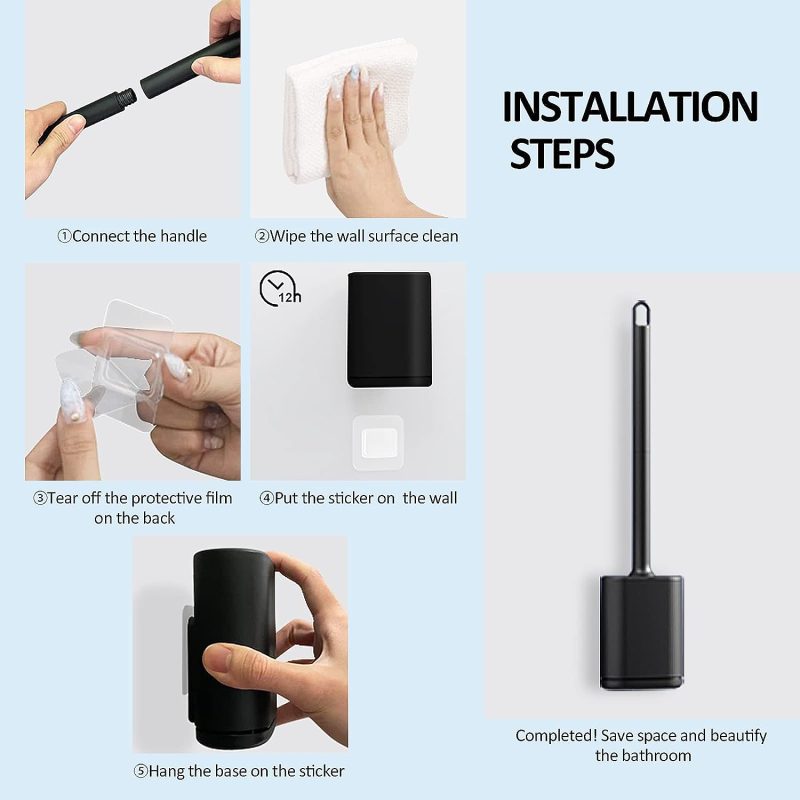 TORMAYS WC-Bürste Silikon, Flexibel Flache Toilettenbürste, Klobürste für Badezimmer mit schnelltrocknendem Behälter, Wandmontage ohne Bohren, Schwarz