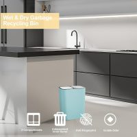 Recycling-Mülleimer, Trennung von trockenem und nassem Abfall, Kunststoff-Mülleimer mit zwei 12-Liter-Fächern für Küchenrecycling und Abfall, Mülleimer mit Druckknopf für Küche, Zuhause, Büro (Blau)