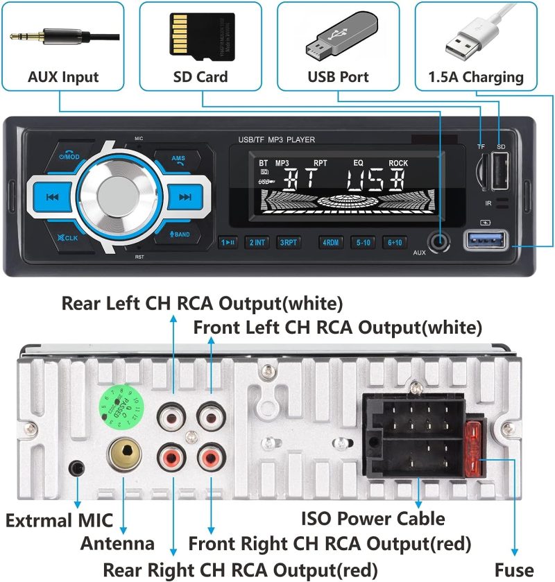 YZKONG Single Din Autoradio Bluetooth Car Stereo-Empfänger mit LCD-Display AM/FM Radio MP3 Player USB SD Aux-Port integriertes Mikrofon, Freisprechanruf, App-Fernbedienung