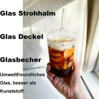 Cutfouwe Eiskaffee Gläser mit Glas Deckel und Glas Strohhalm 450 ML， Wiederverwendbar Becher，Transparent Trinkbecher für Kaltes Getränk,Clear