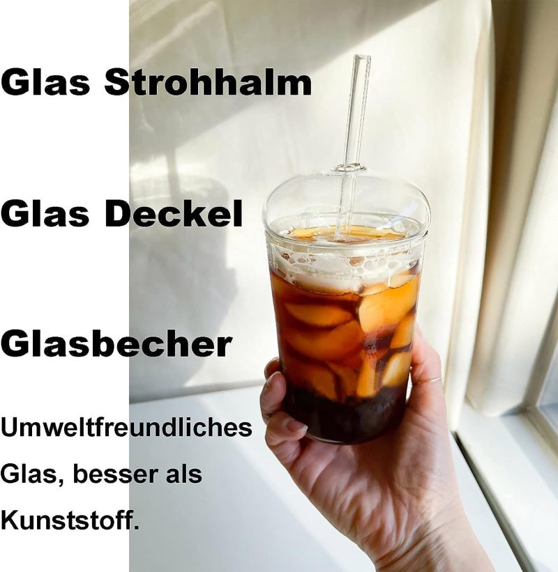 Cutfouwe Eiskaffee Gläser mit Glas Deckel und Glas Strohhalm 450 ML， Wiederverwendbar Becher，Transparent Trinkbecher für Kaltes Getränk,Clear