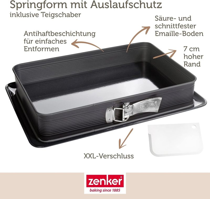 Zenker 7022 Rechteck-Springform DELUXE, eckige Premium-Backform mit emailliertem Boden und Auslaufschutz, Kuchenform mit Antihaftbeschichtung (Farbe: Schwarz metallic), Menge: 1 Stück