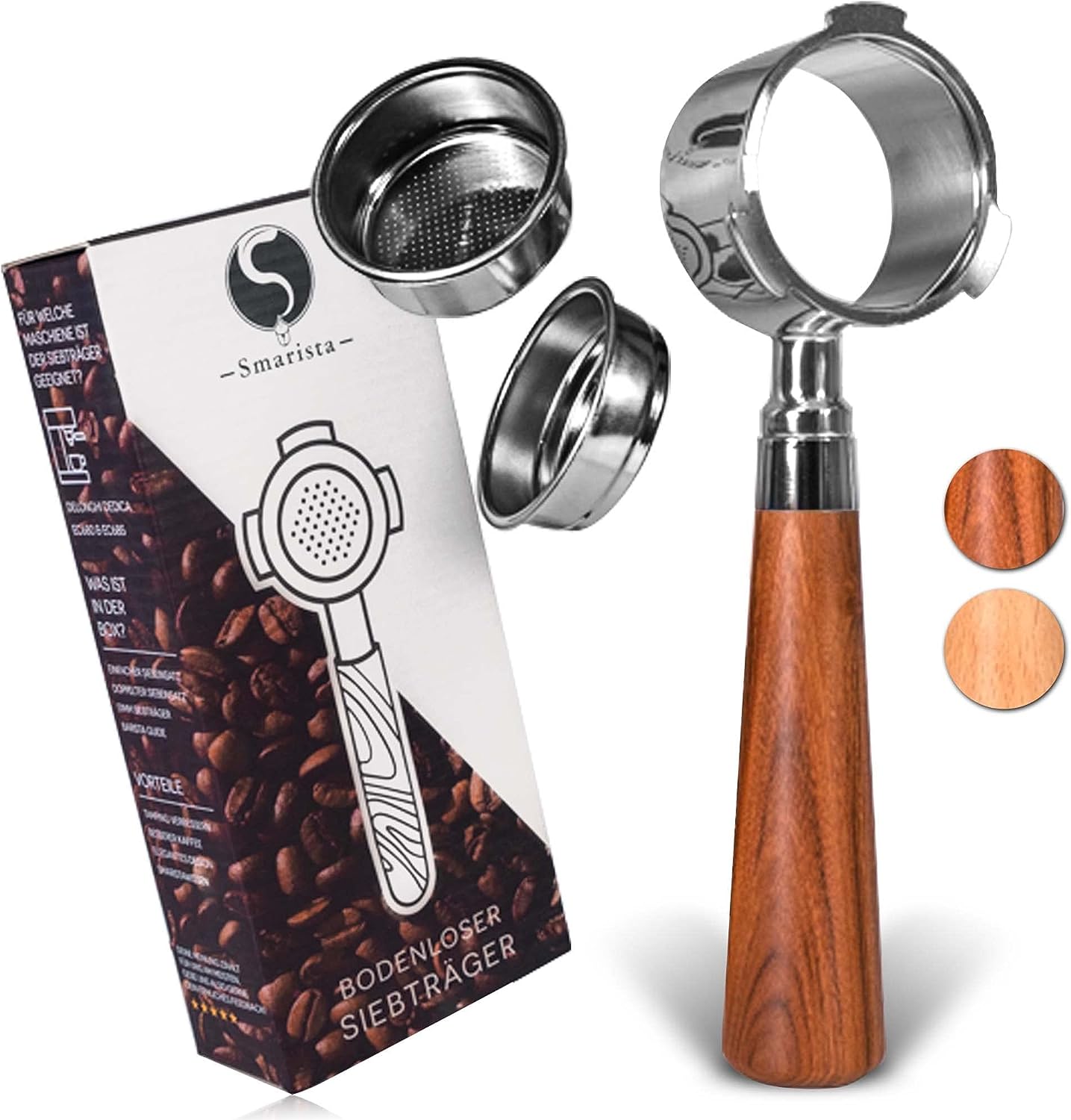 SMARISTA® Bodenloser Siebträger 51mm – Kompatibel mit EC680 / EC685 – 51mm Filterhalter aus Edelstahl mit Holzgriff inkl. Siebeinsatz (einfache + doppelte Tasse) & Barista GUIDE – [Rosenholz]