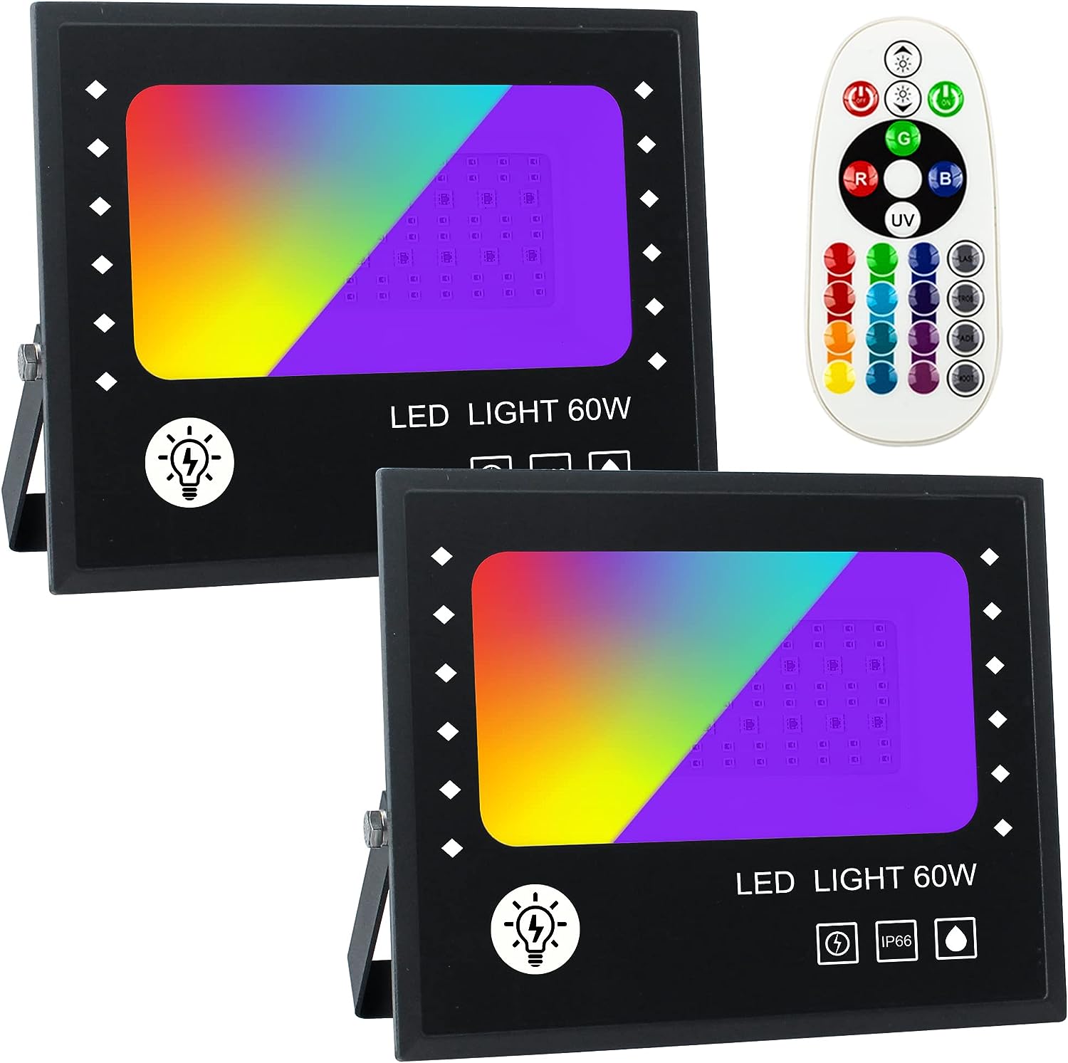 RGB LED Strahler 60W, 2 Stück UV Schwarzlicht Strahler,IP66 Wasserdicht RGB＆UV 2-in-1 Flutlicht Mit Fernbedienung,Schwarzlichtlampe für Black light Party,GLOW,Halloween,Fluoreszierende Malerei,Garten