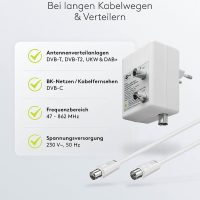 Goobay 67226 Zweigeräte Breitband Antennenverstärker für Kabelfernsehen (DVB-T / DVB-T2 / DVB-C) zum Anschluss von zwei Empfangsgeräten (TV / Radio), 2x 15 dB Verstärker; 2,7 Watt