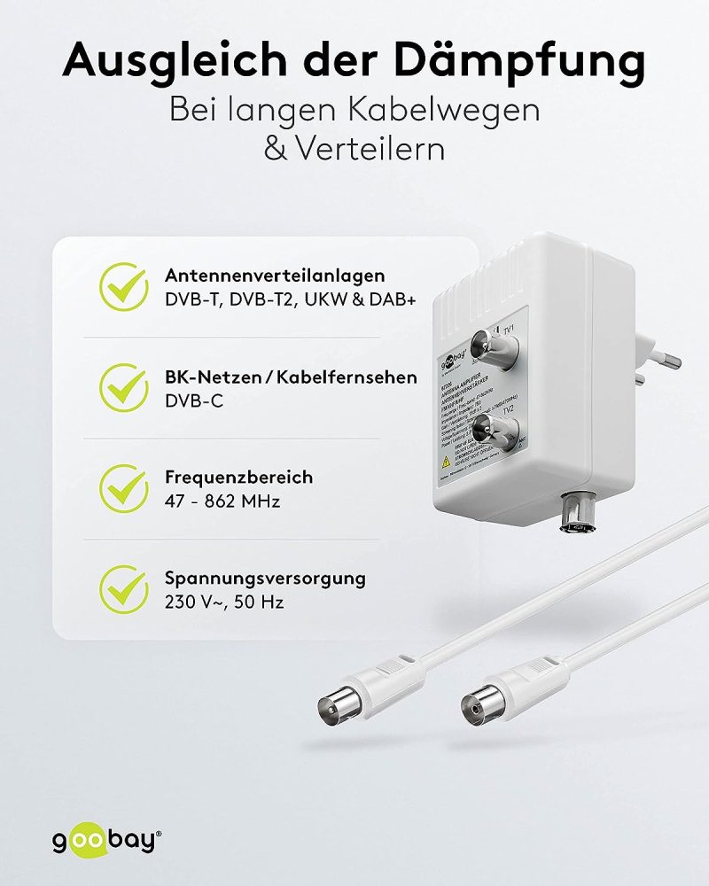Goobay 67226 Zweigeräte Breitband Antennenverstärker für Kabelfernsehen (DVB-T / DVB-T2 / DVB-C) zum Anschluss von zwei Empfangsgeräten (TV / Radio), 2x 15 dB Verstärker; 2,7 Watt