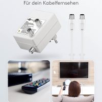 Goobay 67226 Zweigeräte Breitband Antennenverstärker für Kabelfernsehen (DVB-T / DVB-T2 / DVB-C) zum Anschluss von zwei Empfangsgeräten (TV / Radio), 2x 15 dB Verstärker; 2,7 Watt