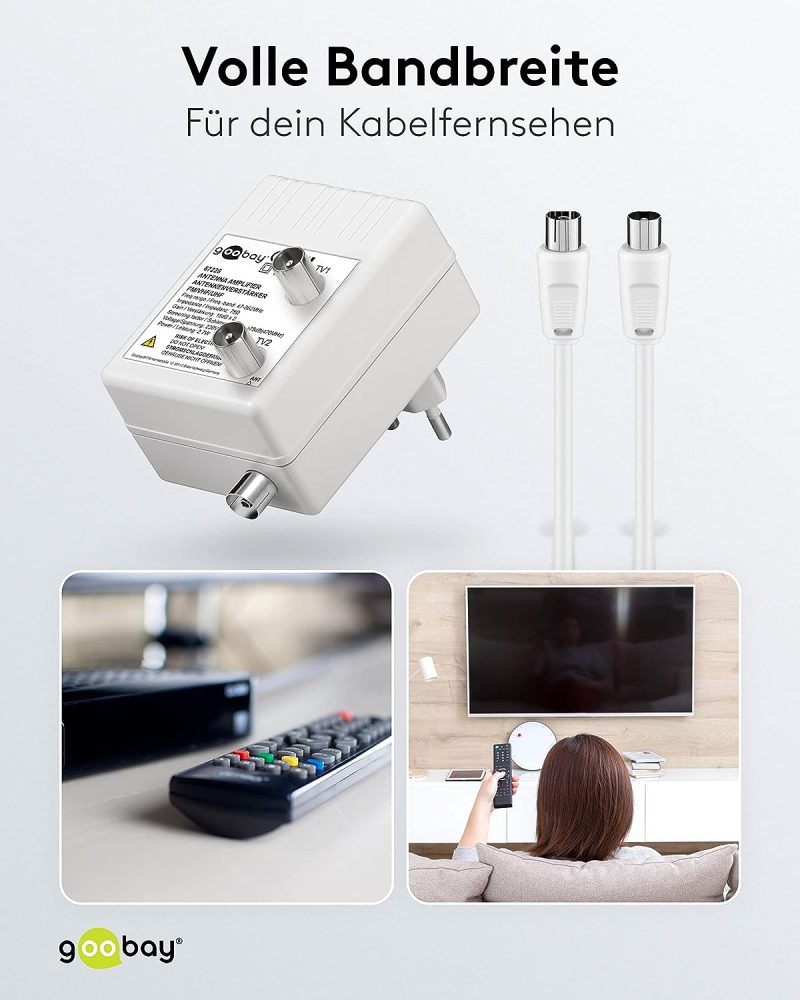 Goobay 67226 Zweigeräte Breitband Antennenverstärker für Kabelfernsehen (DVB-T / DVB-T2 / DVB-C) zum Anschluss von zwei Empfangsgeräten (TV / Radio), 2x 15 dB Verstärker; 2,7 Watt