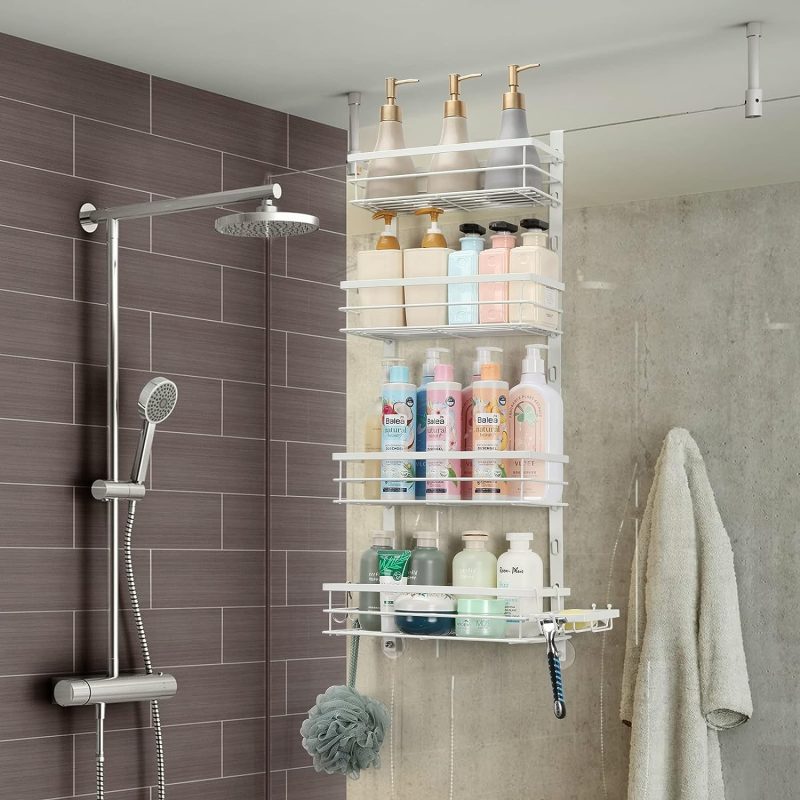 Duschablage zum Hängen Duschregal ohne Bohren Badregal mit 4 Ebenen Badezimmer Regal Duschkorb zum Einhängen über die Duschtür mit Seifenschale für Badezimmer Aufbewahrung, Weiß