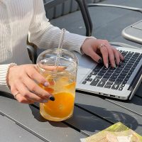 Cutfouwe Eiskaffee Gläser mit Glas Deckel und Glas Strohhalm 450 ML， Wiederverwendbar Becher，Transparent Trinkbecher für Kaltes Getränk,Clear