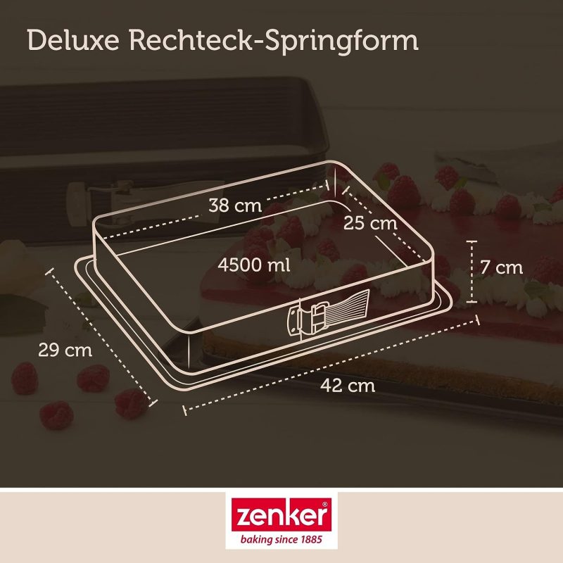 Zenker 7022 Rechteck-Springform DELUXE, eckige Premium-Backform mit emailliertem Boden und Auslaufschutz, Kuchenform mit Antihaftbeschichtung (Farbe: Schwarz metallic), Menge: 1 Stück