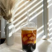 Cutfouwe Eiskaffee Gläser mit Glas Deckel und Glas Strohhalm 450 ML， Wiederverwendbar Becher，Transparent Trinkbecher für Kaltes Getränk,Clear