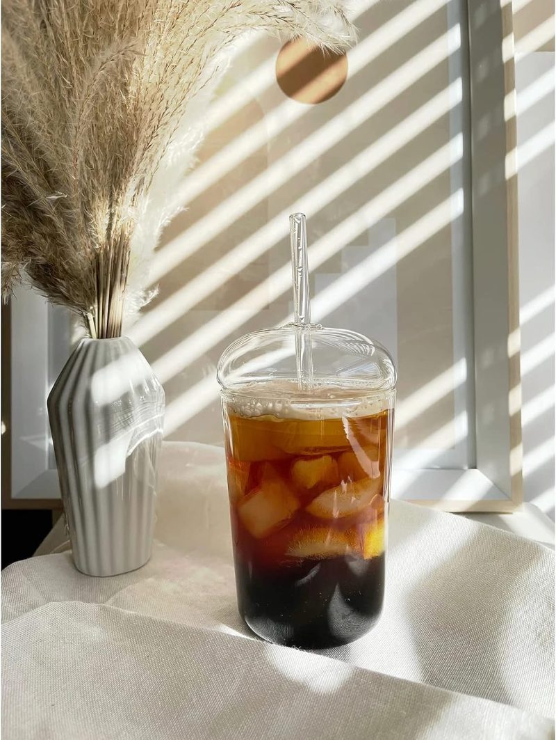 Cutfouwe Eiskaffee Gläser mit Glas Deckel und Glas Strohhalm 450 ML， Wiederverwendbar Becher，Transparent Trinkbecher für Kaltes Getränk,Clear
