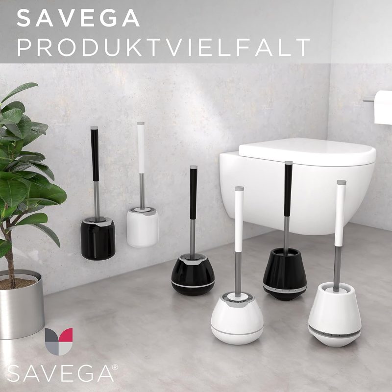 SAVEGA - Das Original - Edelstahl Silikon WC Bürste - Toilettenbürste aus Silikon mit blickdichtem Halter - Hochwertige Klobürste Silikon mit Spritzschutz - Antibakterieller Bürstenhalter - Weiß