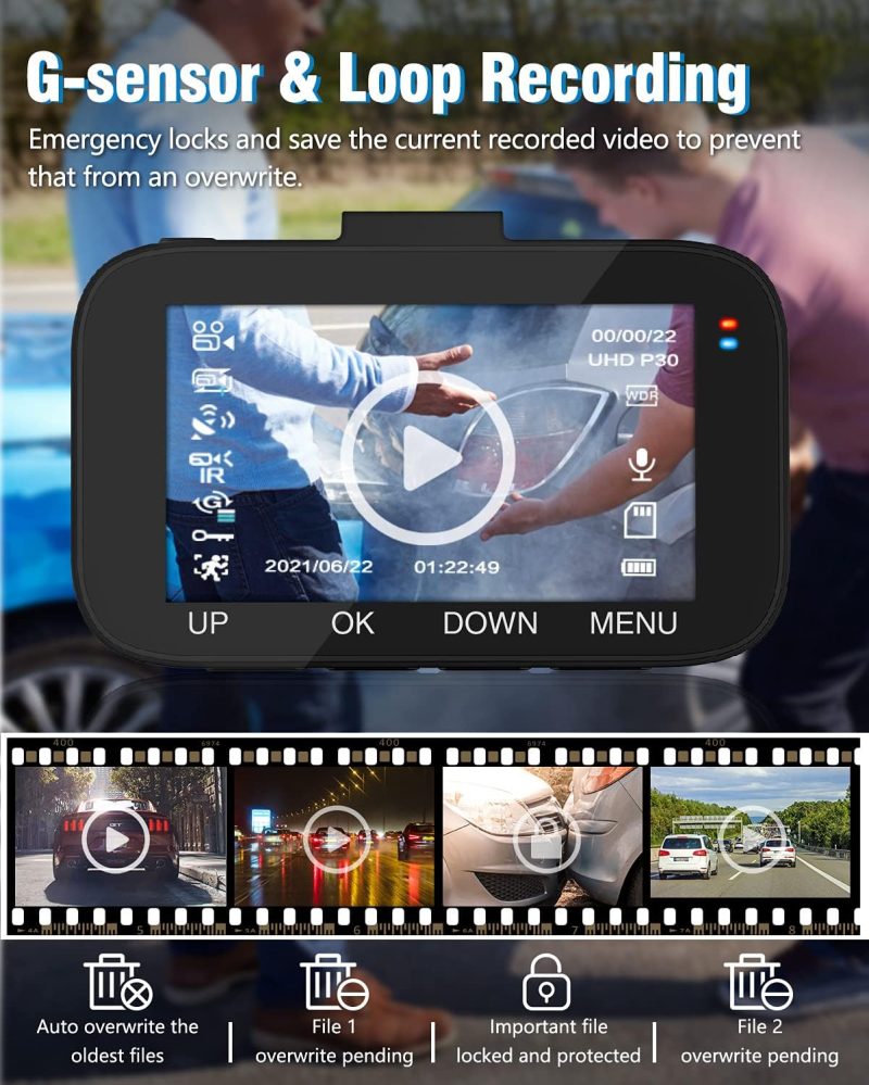AQV Dashcam Auto Vorne und Hinten 4K Autokamera mit GPS, 310° Weitwinkel, G-Sensor, Loop-Aufnahme, WDR, Parküberwachung, Bewegungserkennung, Super Nachtsicht, Sicherere Superkondensator, Max 128 GB