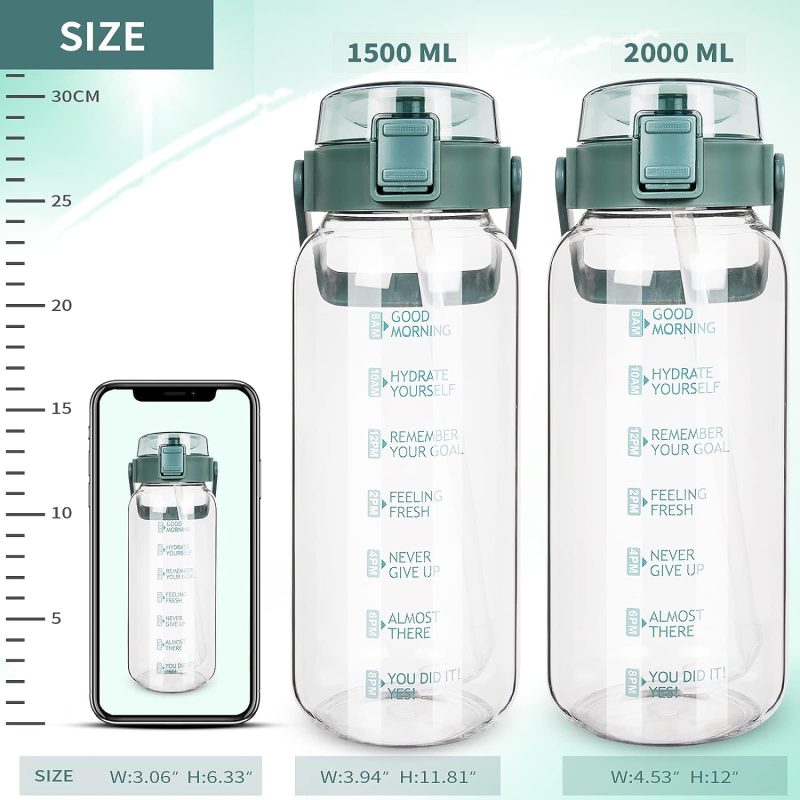 DEARRAY 2l Sport Trinkflasche Glas Flasche mit Strohhalm & Zeitmarkierung 2 liter Große bpa frei Wasserflasche Motivation mit Uhrzeit Kohlensäure geeignet