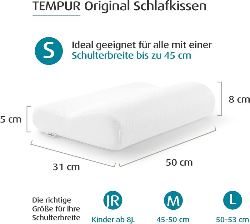 TEMPUR Original Schlafkissen Memory Foam, ergonomisches Nackenstützkissen für Seiten- und Rückenschläfer, Liegefühl fest, S (50 x 31 x 8/5 cm), Weiß