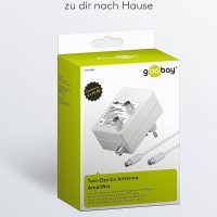 Goobay 67226 Zweigeräte Breitband Antennenverstärker für Kabelfernsehen (DVB-T / DVB-T2 / DVB-C) zum Anschluss von zwei Empfangsgeräten (TV / Radio), 2x 15 dB Verstärker; 2,7 Watt