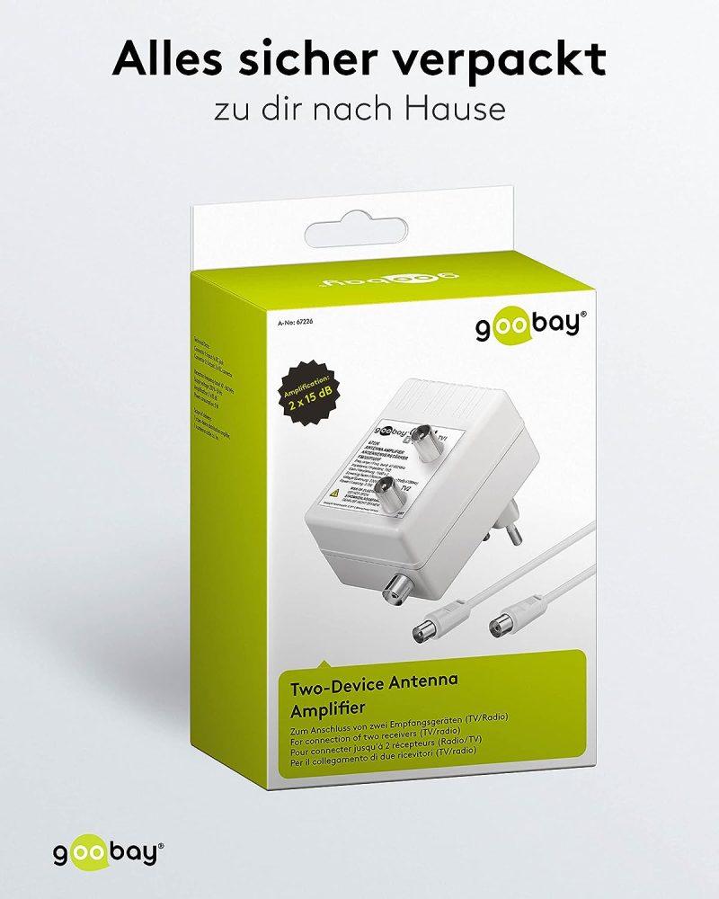 Goobay 67226 Zweigeräte Breitband Antennenverstärker für Kabelfernsehen (DVB-T / DVB-T2 / DVB-C) zum Anschluss von zwei Empfangsgeräten (TV / Radio), 2x 15 dB Verstärker; 2,7 Watt