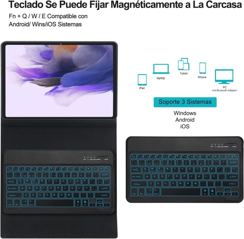 SENGBIRCH Tastatur-Schutzhülle für Samsung Galaxy Tab S8+S8 Plus 2022 /S7 FE 2021 /S7+ S7 Plus 12,4 Zoll 2020, Bluetooth-Tastatur 7 Farben, spanische Hintergrundbeleuchtung, mit PU-Folio-Abdeckung ,ng