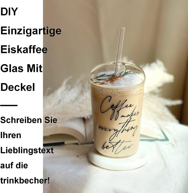 Cutfouwe Eiskaffee Gläser mit Glas Deckel und Glas Strohhalm 450 ML， Wiederverwendbar Becher，Transparent Trinkbecher für Kaltes Getränk,Clear