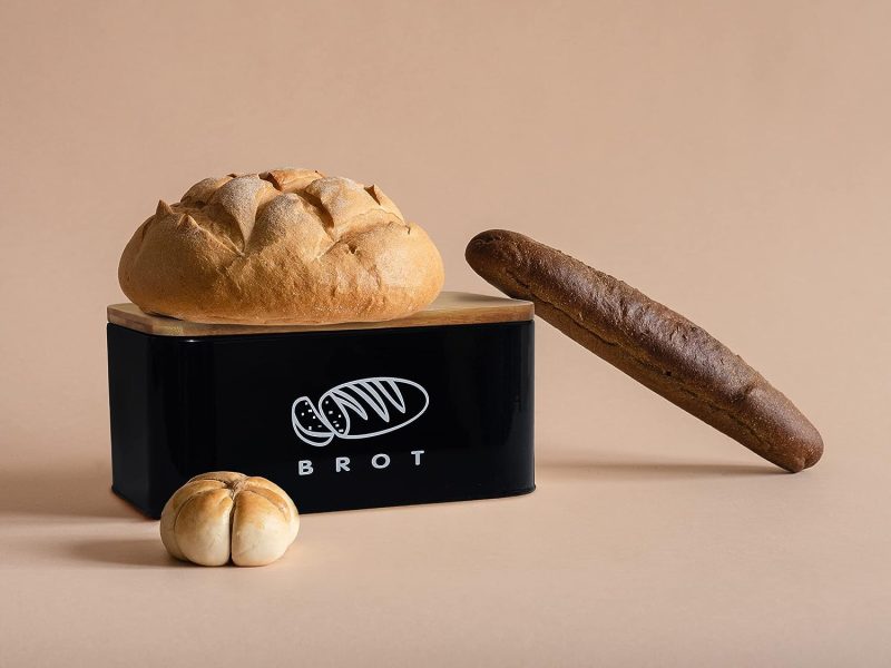 Theo&Cleo Brotkästen mit Deckel, Deckel aus Ökologisches Bambus, Kann als Schneidebrett, Geräumiger Retro Brotkasten aus Metall, Brot Lange Aufbewahren und Frisch Halten 30cm * 18cm * 14cm Schwarz