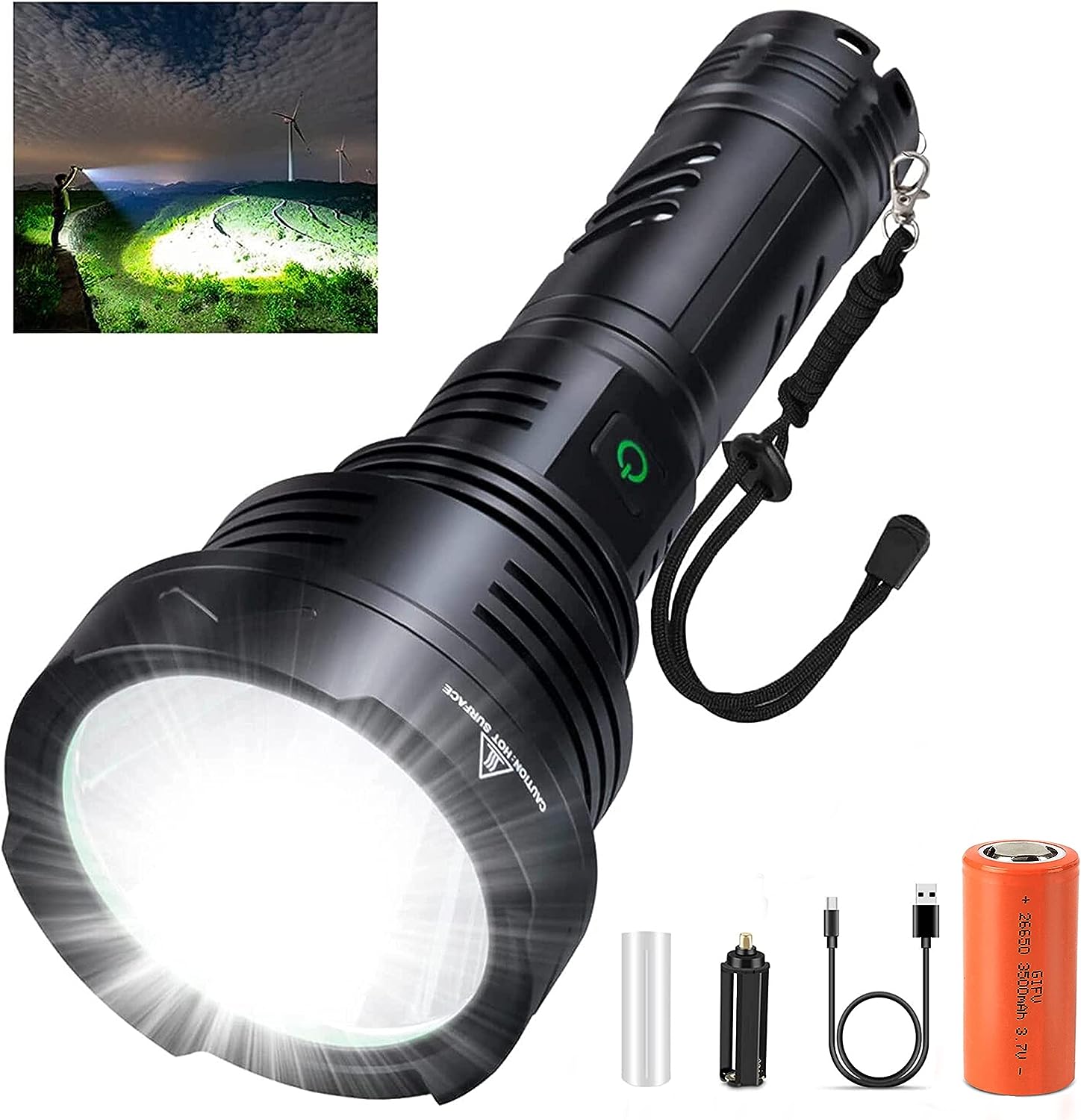 SENDALE LED Taschenlampe Extrem Hell 100000 Lumen CREE Taschenlampen, XHP90 Taschenlampe Batteriebetrieben,IP67 Wasserdicht,5 Lichtmodi Aufladbar USB-C für Camping,Ausrüstung,Militär,Outdoor