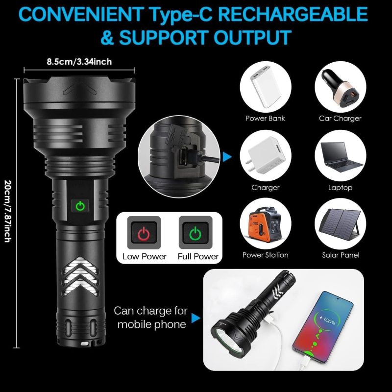 SENDALE LED Taschenlampe Extrem Hell 100000 Lumen CREE Taschenlampen, XHP90 Taschenlampe Batteriebetrieben,IP67 Wasserdicht,5 Lichtmodi Aufladbar USB-C für Camping,Ausrüstung,Militär,Outdoor