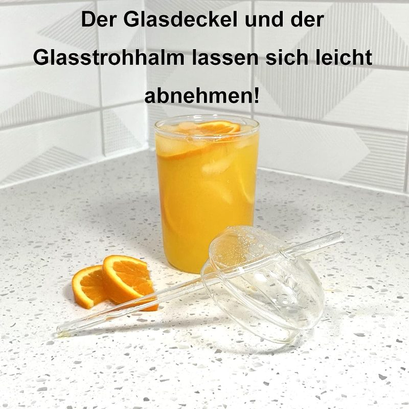 Cutfouwe Eiskaffee Gläser mit Glas Deckel und Glas Strohhalm 450 ML， Wiederverwendbar Becher，Transparent Trinkbecher für Kaltes Getränk,Clear