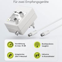 Goobay 67226 Zweigeräte Breitband Antennenverstärker für Kabelfernsehen (DVB-T / DVB-T2 / DVB-C) zum Anschluss von zwei Empfangsgeräten (TV / Radio), 2x 15 dB Verstärker; 2,7 Watt