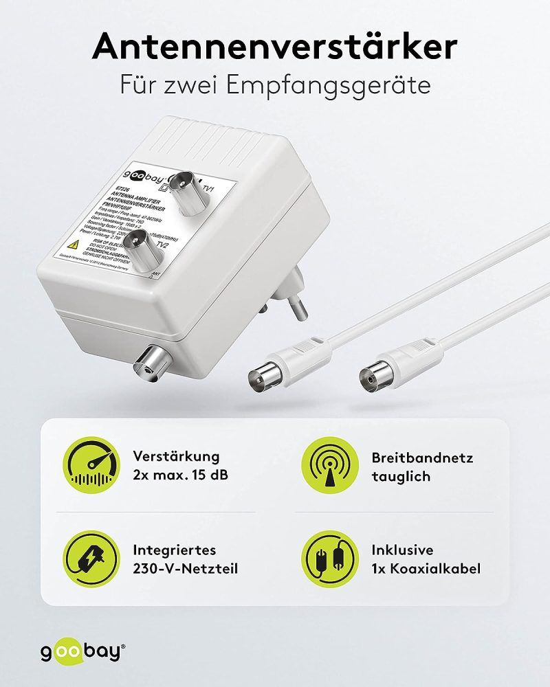 Goobay 67226 Zweigeräte Breitband Antennenverstärker für Kabelfernsehen (DVB-T / DVB-T2 / DVB-C) zum Anschluss von zwei Empfangsgeräten (TV / Radio), 2x 15 dB Verstärker; 2,7 Watt