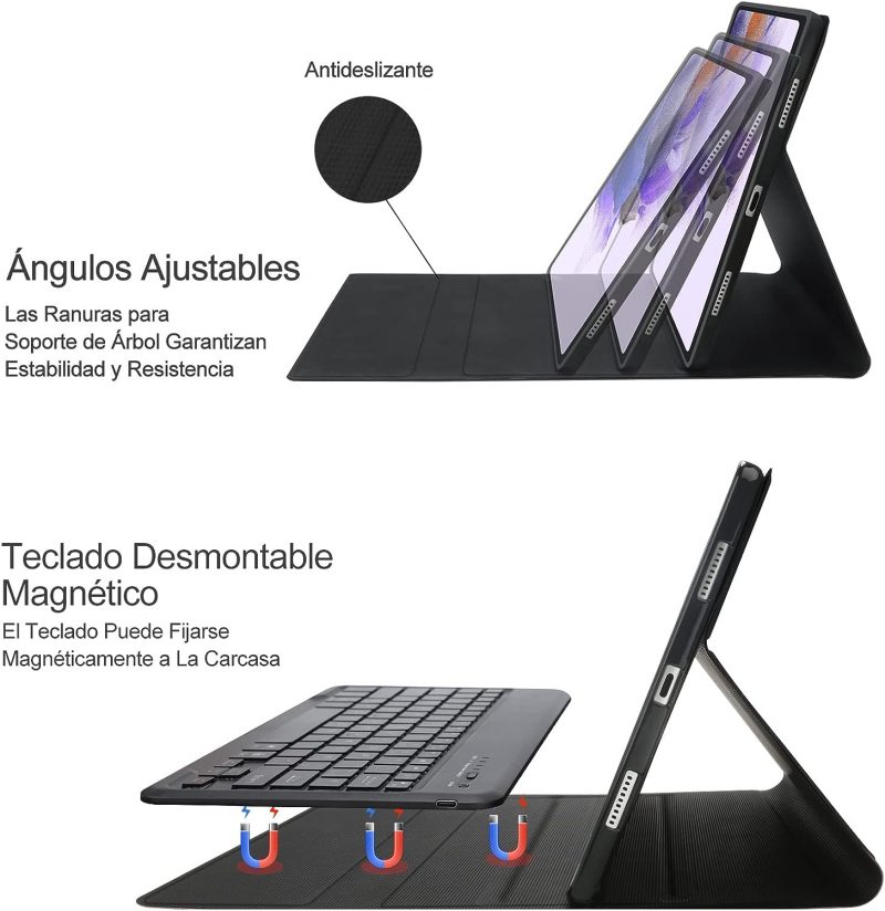 SENGBIRCH Tastatur-Schutzhülle für Samsung Galaxy Tab S8+S8 Plus 2022 /S7 FE 2021 /S7+ S7 Plus 12,4 Zoll 2020, Bluetooth-Tastatur 7 Farben, spanische Hintergrundbeleuchtung, mit PU-Folio-Abdeckung ,ng