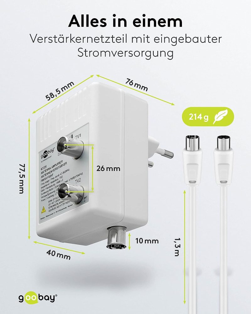 Goobay 67226 Zweigeräte Breitband Antennenverstärker für Kabelfernsehen (DVB-T / DVB-T2 / DVB-C) zum Anschluss von zwei Empfangsgeräten (TV / Radio), 2x 15 dB Verstärker; 2,7 Watt