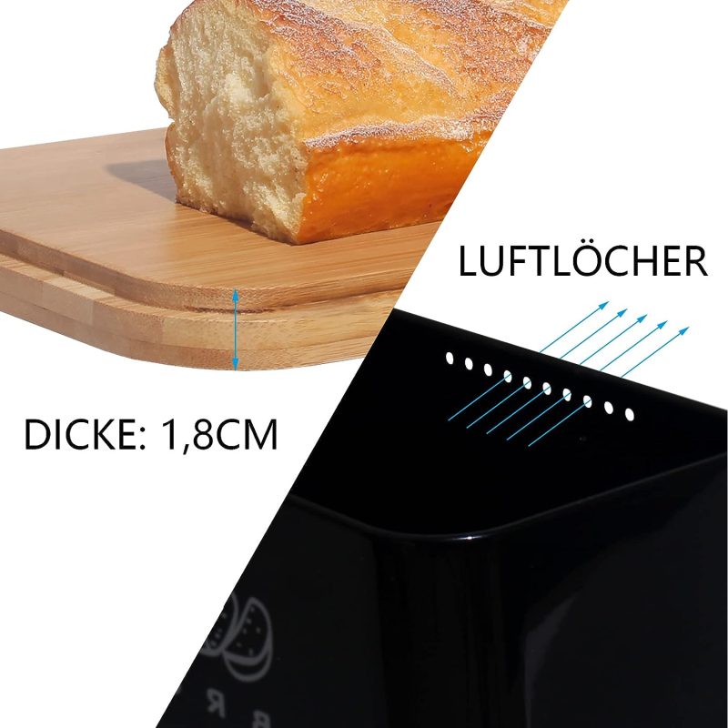 Theo&Cleo Brotkästen mit Deckel, Deckel aus Ökologisches Bambus, Kann als Schneidebrett, Geräumiger Retro Brotkasten aus Metall, Brot Lange Aufbewahren und Frisch Halten 30cm * 18cm * 14cm Schwarz
