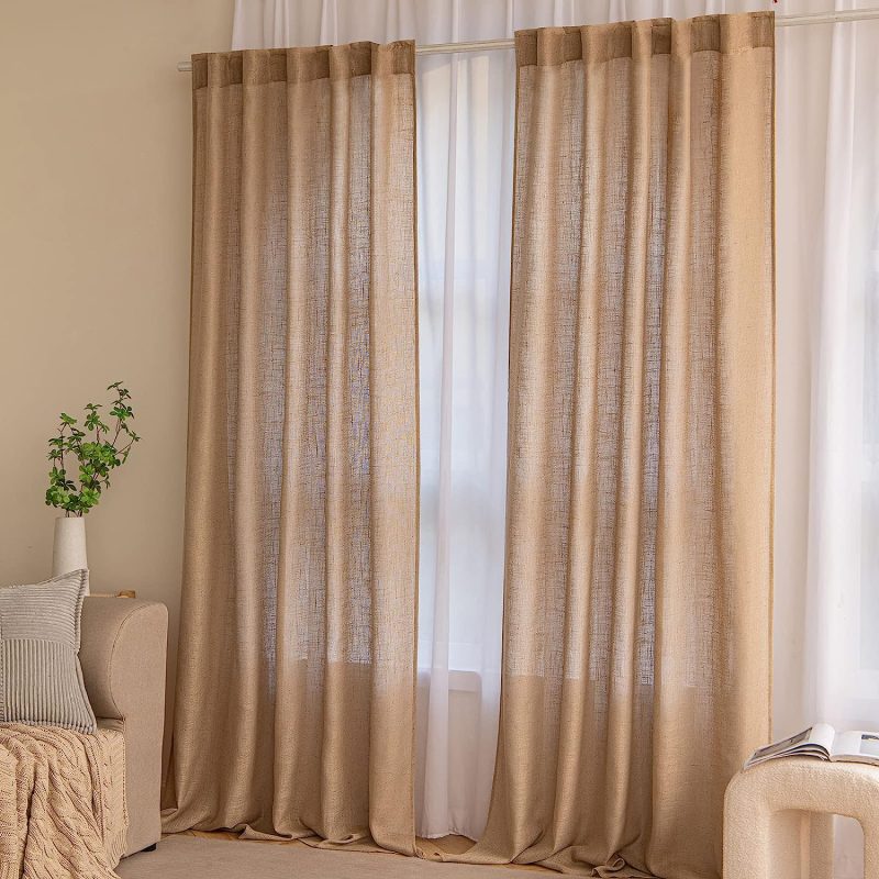 MIULEE Gardinen Vorhänge schlaufenschal Voile Vorhang Modern Leinenoptik Halbtransparent für Wohnzimmer Schlafzimmer Kinderzimmer Raumteiler Schiebevorhang 2er Set Stores Braun 245x140 cm