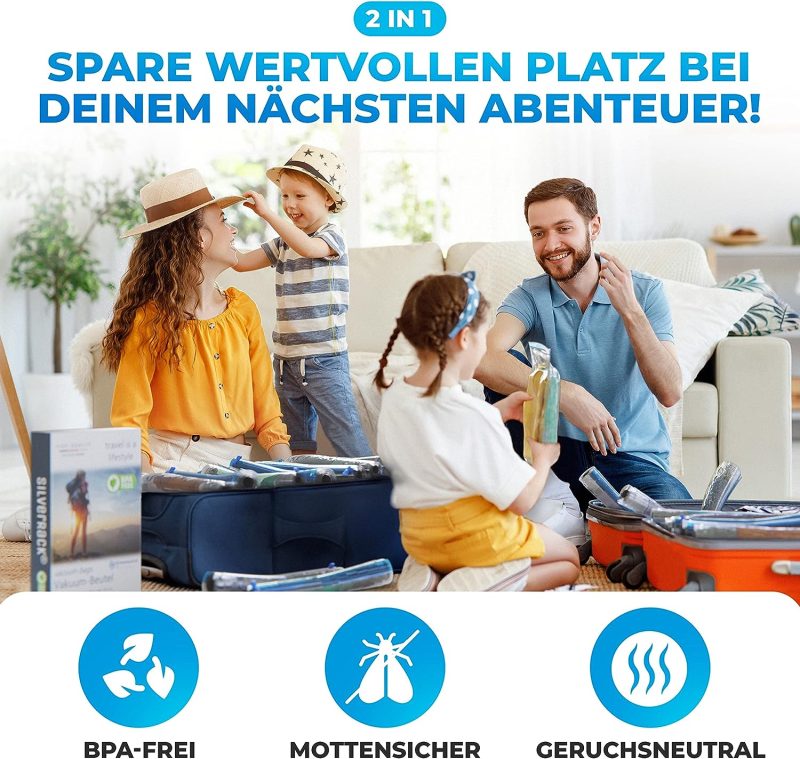 SilverRack Vakuumbeutel Set Reise [8 Stück] in Größe (50x70 cm) - Travel Vakuumbeutel für Kleidung zum Rollen - Vakuum Kleiderbeutel - Kleider Vakuumierbeutel als Backpacker Vacuum Bags